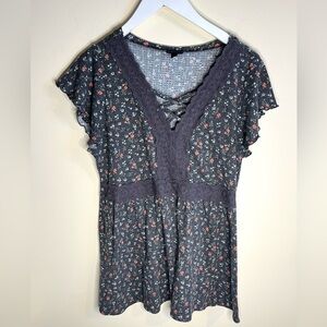 Torrid Gray Babydoll V Neck Floral Knit Top Cottagecore Boho Peasant